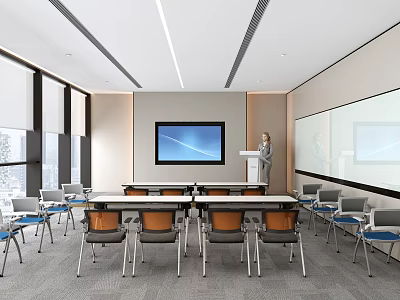 Modern Conference Room Interior With Long Tables Chairs Podium Large Screen And Windows 3d model