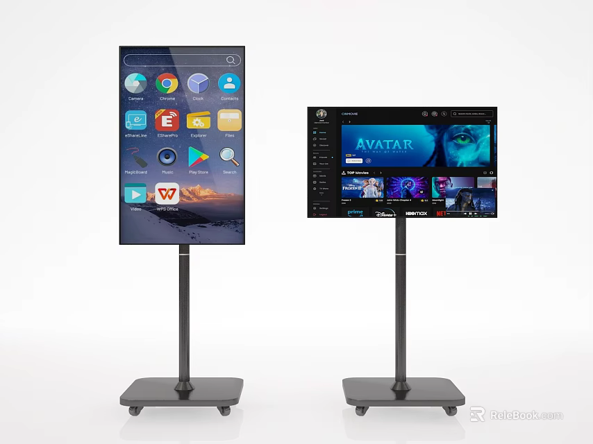 Two Modern TVs on Mobile Stands with App Icons and AVATAR 3d model