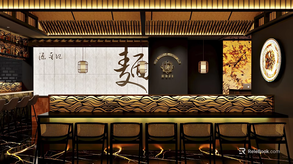 Traditional Japanese Restaurant Interior With Wooden Decor Hanging Lanterns And Wave Counter 3d model 