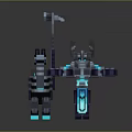 Minecraft Style Man In Armor With Glowing Details And Hammer Weapon
