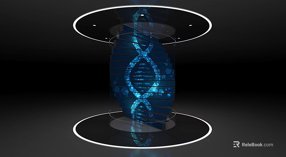 Blue Illuminated Pillar With DNA Helix Pattern And Circular Surrounding Design 3d model 