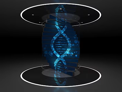 Blue Illuminated Pillar With DNA Helix Pattern And Circular Surrounding Design 3d model