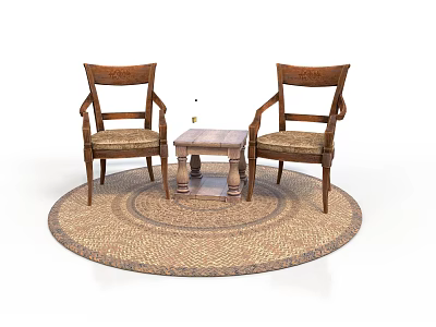 Traditional Indoor Interior Featuring Wooden Chairs Small Table And Round Woven Rug 3d model