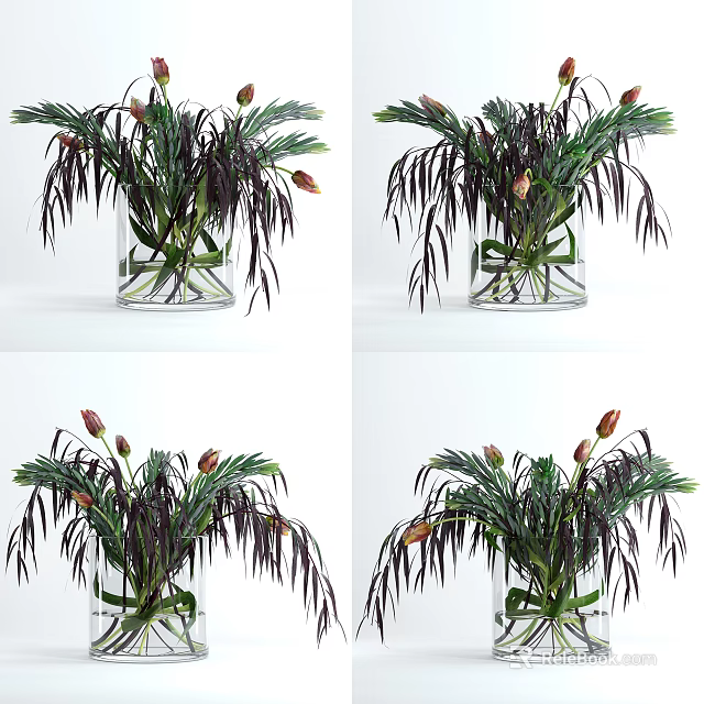 Decorative Glass Vase With Green Purple Leaves And Flower Buds For Home Decor 3d model 