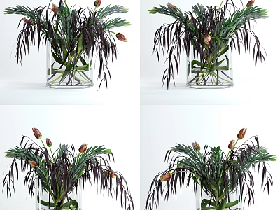 Decorative Glass Vase With Green Purple Leaves And Flower Buds For Home Decor 3d model