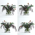 Decorative Glass Vase With Green Purple Leaves And Flower Buds For Home Decor