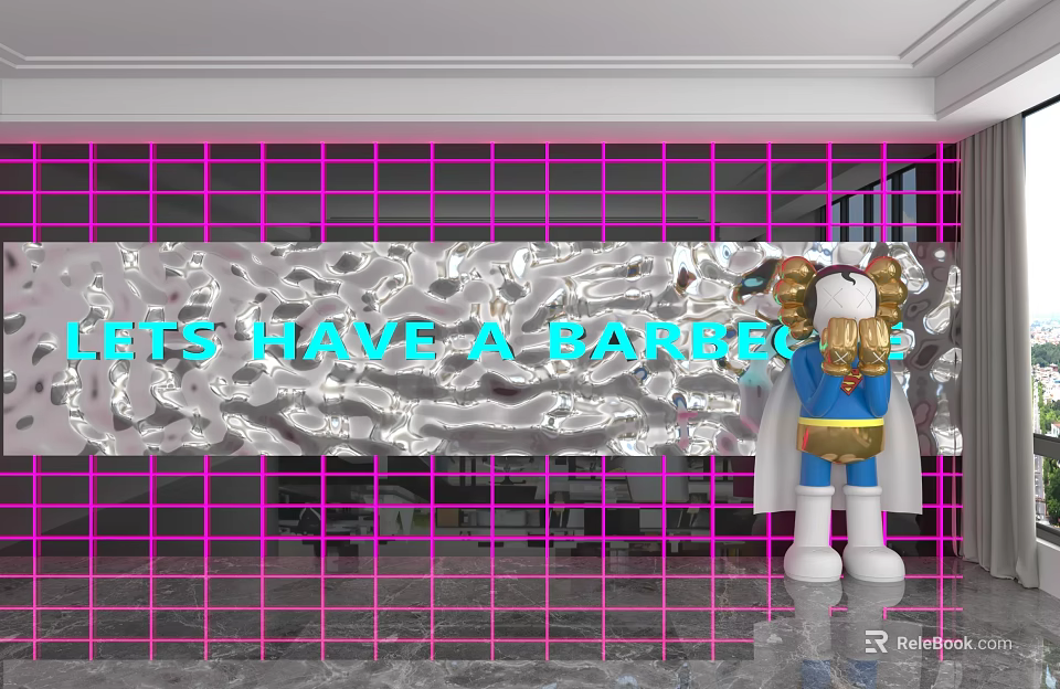 Silver Textured Background Wall With Lets Have A Barbecue Text And Cartoon Doll 3d model 