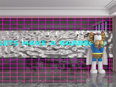 Silver Textured Background Wall With Lets Have A Barbecue Text And Cartoon Doll 3d model