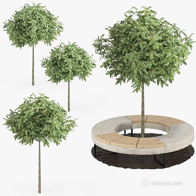Outdoor Garden Decor With Circular Stone Wood Bench And Green Trees 3d model 