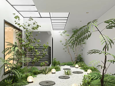 Modern Courtyard Garden with Glass Skylight Circular Stone Stepping Stones Green Plants and Lantern Lights 3d model