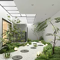 Modern Courtyard Garden with Glass Skylight Circular Stone Stepping Stones Green Plants and Lantern Lights