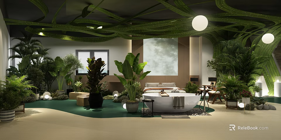 Relaxing Indoor Space With Natural Plants Bathtub And Green Ceiling Decor 3d model 