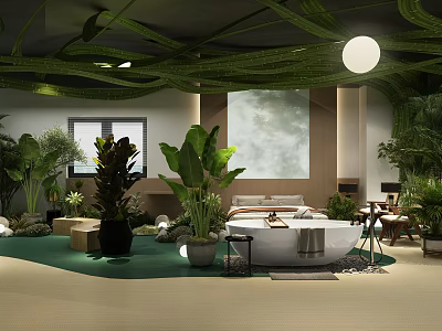 Relaxing Indoor Space With Natural Plants Bathtub And Green Ceiling Decor 3d model