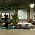 Relaxing Indoor Space With Natural Plants Bathtub And Green Ceiling Decor