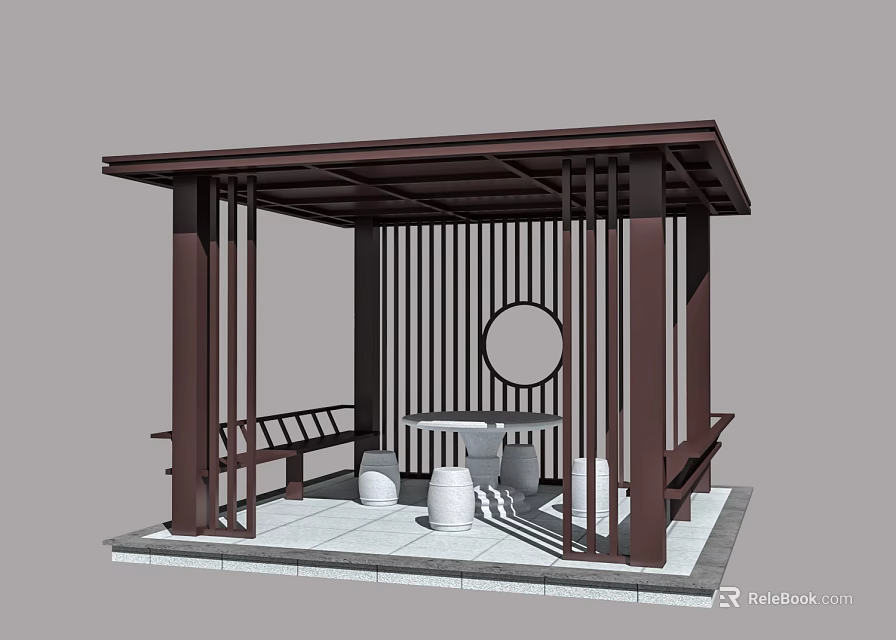 Traditional Chinese Wooden Pavilion With Circular Window And Stone Floor Seating 3d model 