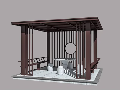 Traditional Chinese Wooden Pavilion With Circular Window And Stone Floor Seating 3d model