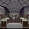 Elegant Grandiflora Shop Interior With Purple Display Shelves Marble Counters Green Plants And Ceiling Lighting