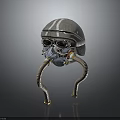 Futuristic Metallic Helmet With Striped Pattern And Flexible Breathing Tubes Design