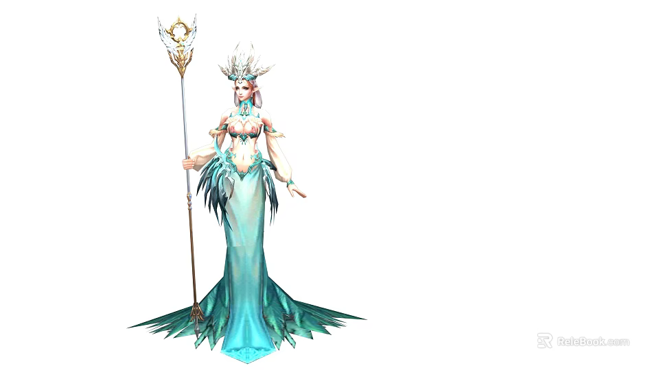 Elegant Woman in Elaborate Blue Dress With Feathered Details Flowing Skirt Holding Golden Scepter and Crown 3d model 