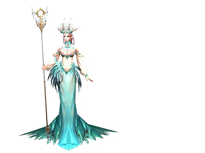 Elegant Woman in Elaborate Blue Dress With Feathered Details Flowing Skirt Holding Golden Scepter and Crown 3d model