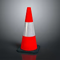 Red Traffic Cone With White Reflective Stripes And Black Base On Gray Background 3d model
