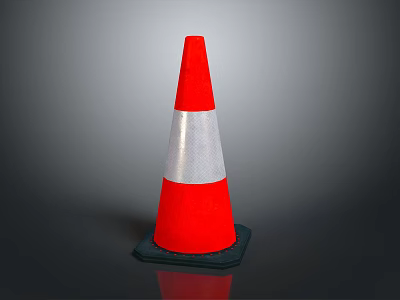 Red Traffic Cone With White Reflective Stripes And Black Base On Gray Background 3d model