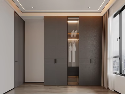 Modern Gray Wardrobe Interior Design With Open Section And Hanging Clothes 3d model