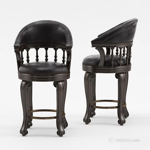 Dark Leather Dining Chairs With Carved Legs And High Back Classic Design 3d model 