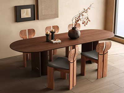 Dining Table Set With Oval Walnut Wood Table Stylish Wooden Chairs And Dried Flower Vase 3d model
