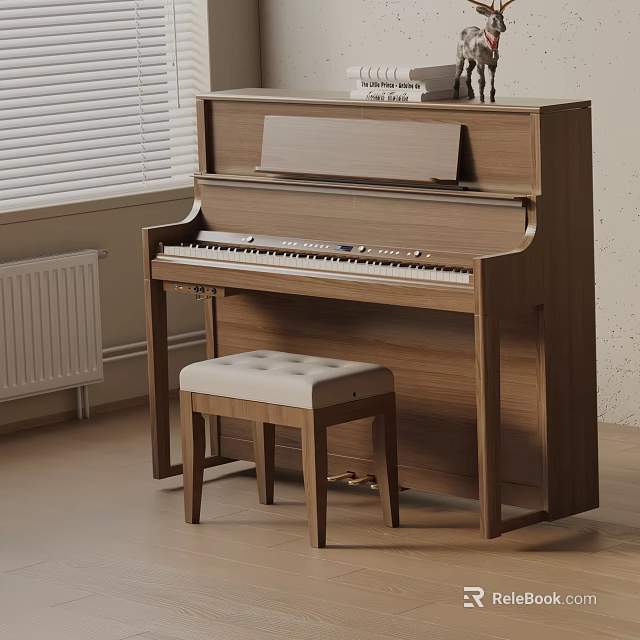 Instruments and Art Supplies in Wooden Piano Room with Padded Stool Window Blinds and Radiator 3d model 