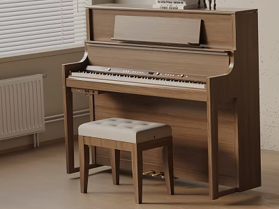 Instruments and Art Supplies in Wooden Piano Room with Padded Stool Window Blinds and Radiator 3d model