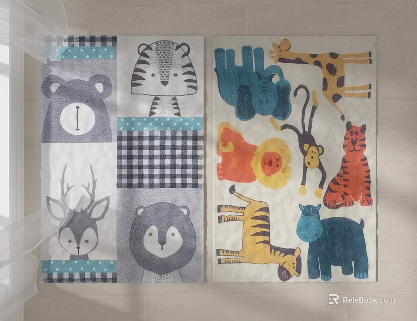 Square Rug with Bear Tiger Deer Owl Giraffe Lion Monkey Hippo Animal Patterns 3d model 