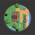 3D Miniature Scene Featuring Small House Brown Roof Green Trees Little Figure Path Rocks Water