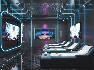 Modern Luxury Club Interior With Neon Lights Reclining Seats And Large Screens 3d model