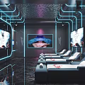 Modern Luxury Club Interior With Neon Lights Reclining Seats And Large Screens