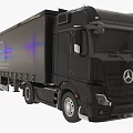 Black Mercedes Truck With Curtain Side Trailer Blue Lights And Front Logo Design