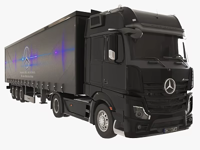 Black Mercedes Truck With Curtain Side Trailer Blue Lights And Front Logo Design 3d model