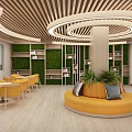 Modern Pantry Interior Design Featuring Circular Sofa Wooden Ceiling And Bookshelves