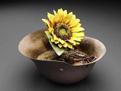 Old Metal Bowl Featuring Sunflower Dirt And Decorative Green Leaf 3d model
