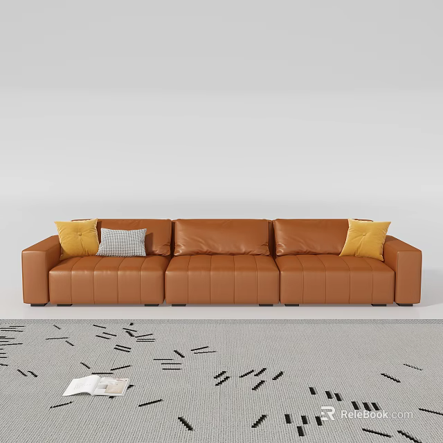 Brown Leather Three Seater Sofa With Yellow And Grey Pillows On Patterned Carpet 3d model
