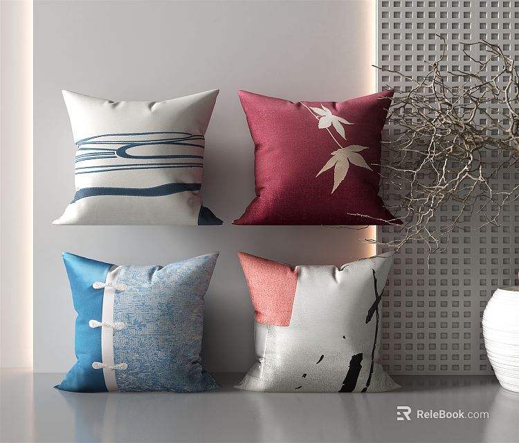 Minimalist Decorative Pillows Featuring Wave Lines Maple Leaf Abstract Patterns In White Red Blue 3d model 