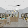 Modern Clothing Store Interior With Hanging Clothes Racks And Wooden Display Tables