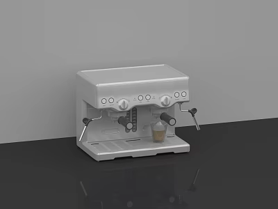 Silver Commercial Espresso Machine with Knobs on Black Countertop Grey Wall and Coffee Cup 3d model