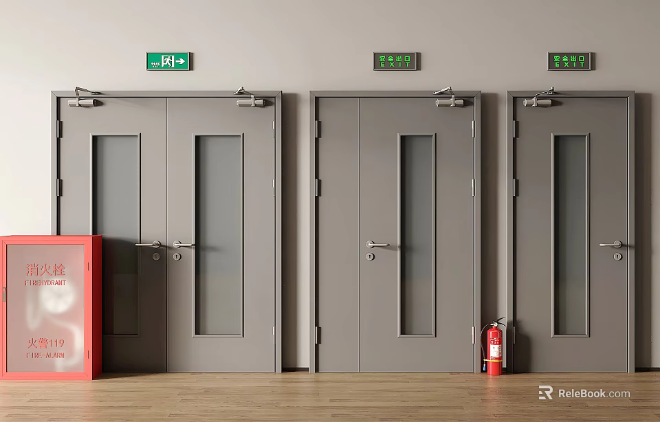 Gray Double Doors With Glass Panels Green Exit Signs And Fire Extinguishers On Wooden Floor 3d model 