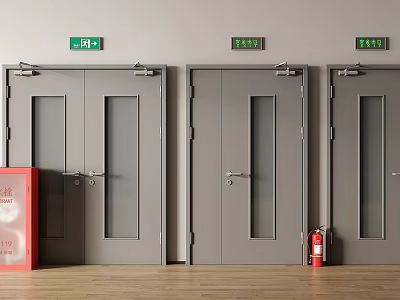 Gray Double Doors With Glass Panels Green Exit Signs And Fire Extinguishers On Wooden Floor 3d model