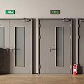 Gray Double Doors With Glass Panels Green Exit Signs And Fire Extinguishers On Wooden Floor