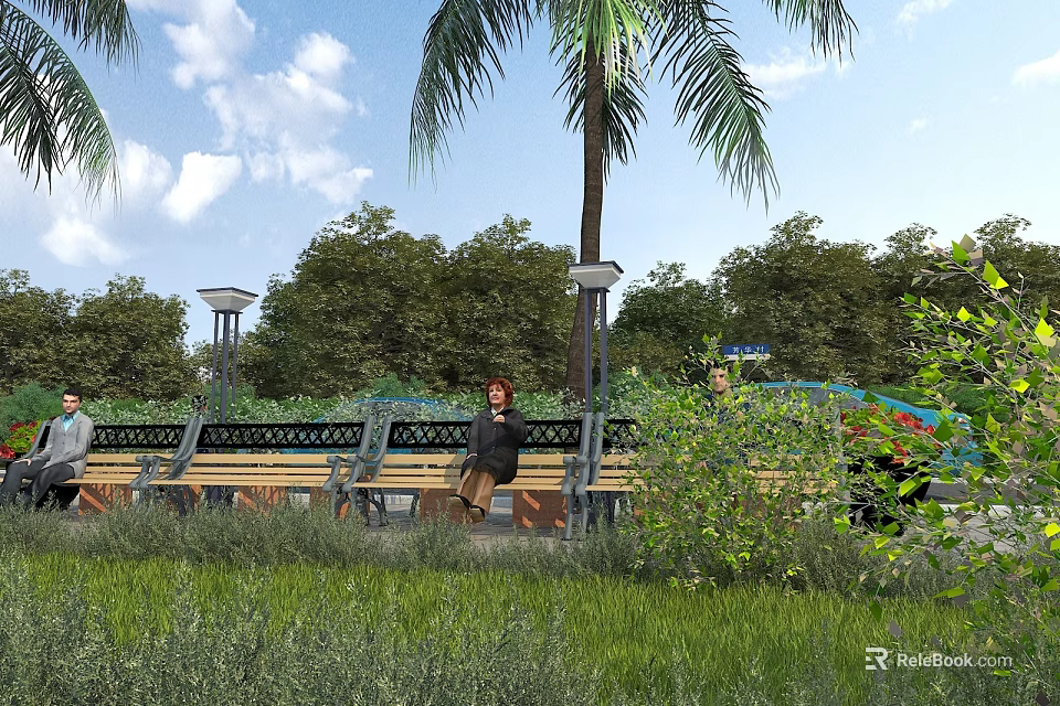 Scenic Commercial Street With Pedestrians Benches Palm Trees And Lush Greenery 3d model 