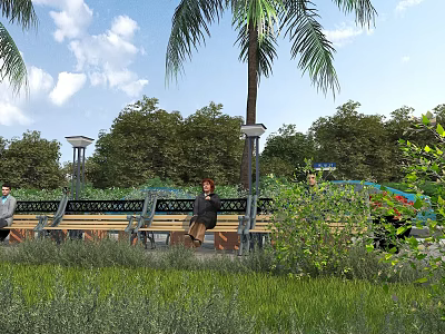 Scenic Commercial Street With Pedestrians Benches Palm Trees And Lush Greenery 3d model