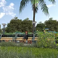 Scenic Commercial Street With Pedestrians Benches Palm Trees And Lush Greenery