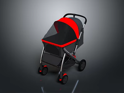Modern Red And Black Baby Stroller With Canopy Frame And Wheels 3d model